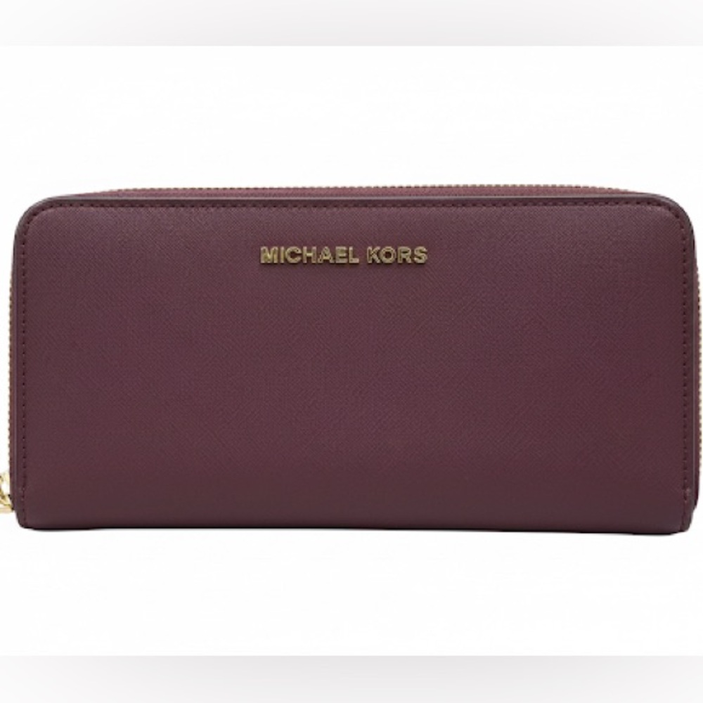 💜 Michael Kors Jet Set Travel Saffiano Continental Zip Wallet - Deep Berry/Plum